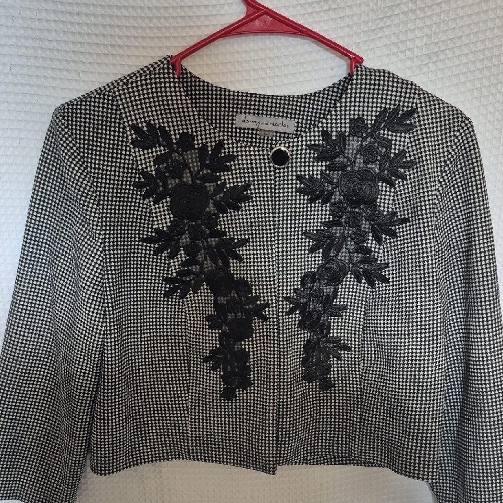Danny & Nicole Black and White Checkered Blazer with Floral Accents